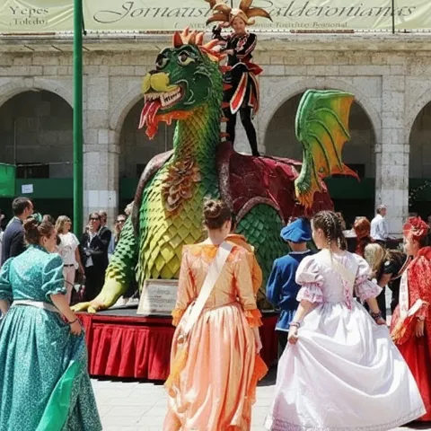 Espectáculo con figura de dragón y personas vestidas de época en un espacio porticado.