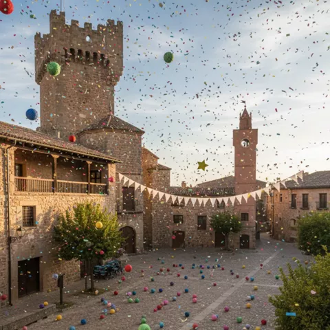 Plaza empedrada con confeti y decoraciones festivas entre edificios históricos.