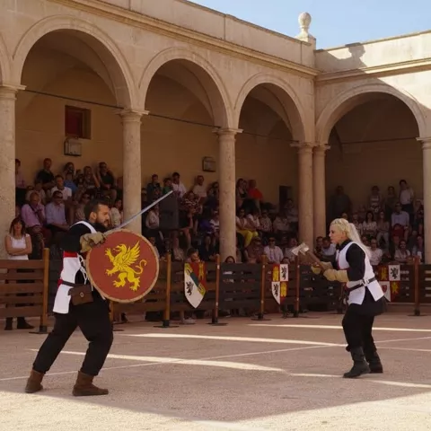 Combate escénico con espada y escudo en patio con arcadas