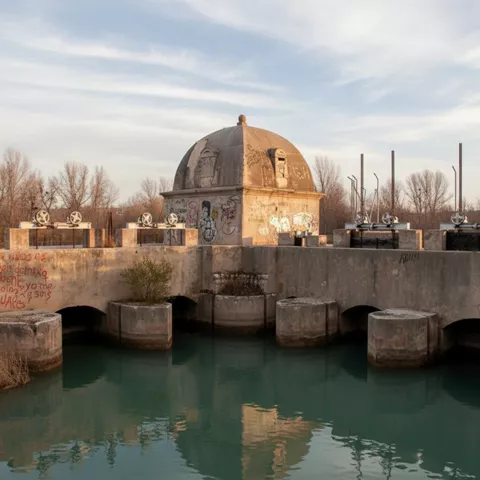 Antigua construcción hidráulica junto al río en La Recueja, rodeada de naturaleza y vegetación ribereña.