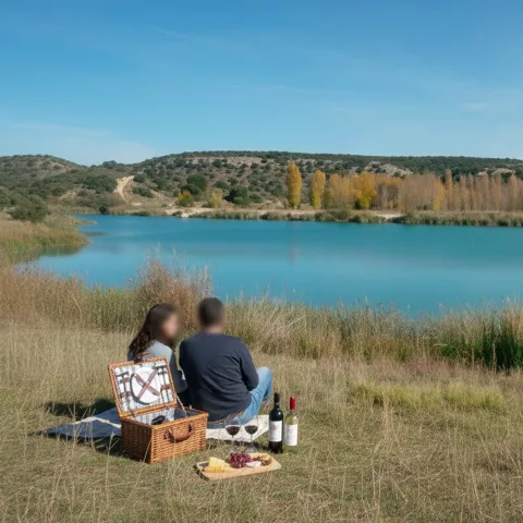 Pareja sentada junto al lago con cesta de picnic y botellas sobre la hierba.