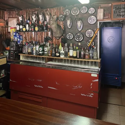 Bar con botellas, cabezas de ciervo y nevera azul