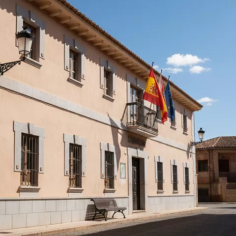 Fachada institucional con banderas y balcón