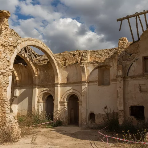 Restos de una antigua construcción de piedra en Mahora con arcos y muros parcialmente derruidos.