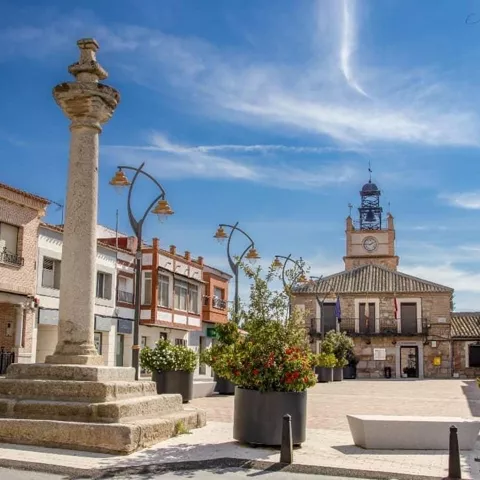 Plaza con columna de piedra y ayuntamiento al fondo