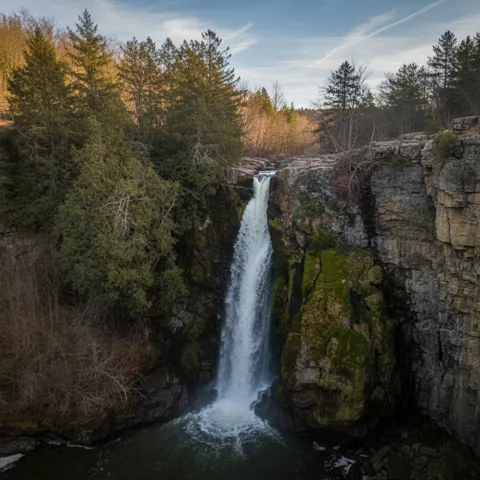Cascada vertical en un cañón estrecho, con paredes de roca y bosque alrededor.