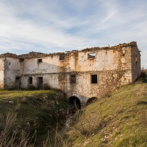 Casa rural abandonada con muros de piedra y ventanas abiertas en una ladera.