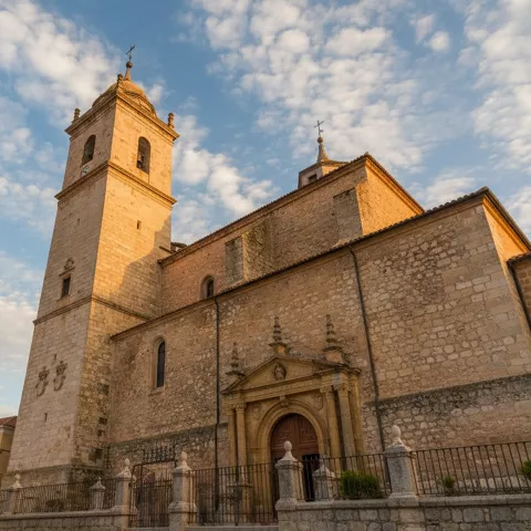 Iglesia de piedra con torre campanario y fachada monumental.