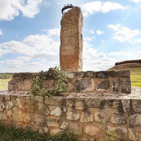 Monolito de piedra con inscripción en paisaje rural.