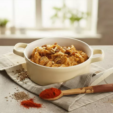 Morteruelo casero con especias y piñones en cuenco