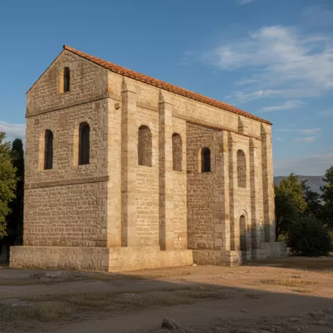 Iglesia de piedra aislada entre árboles al atardecer