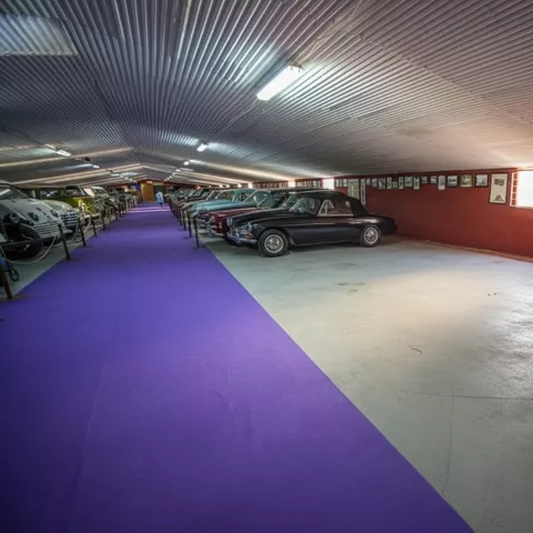 Sala amplia con coches de época y alfombra morada.