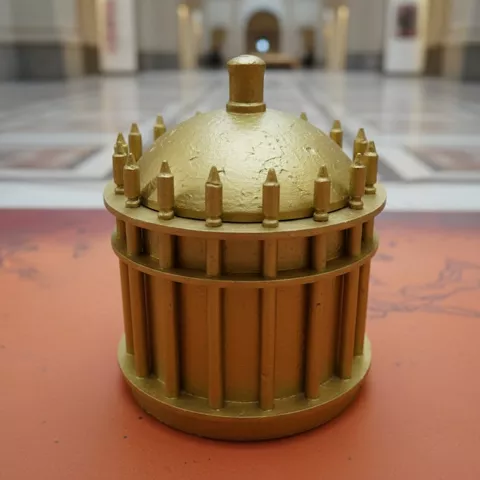 Maqueta dorada de estructura circular.