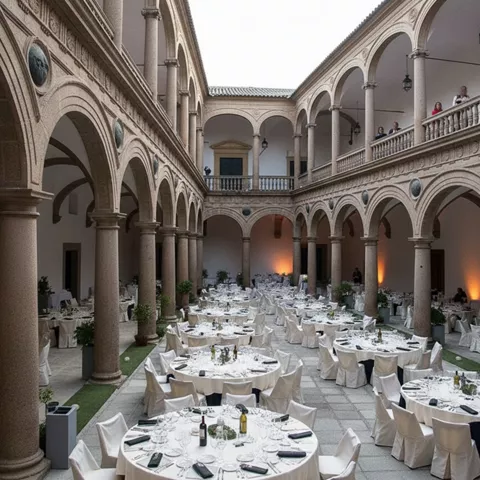 Patio histórico preparado para banquete con mesas redondas y mantelería blanca.