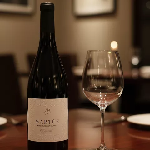 Botella de vino tinto y copa vacía sobre mesa de madera en un restaurante.
