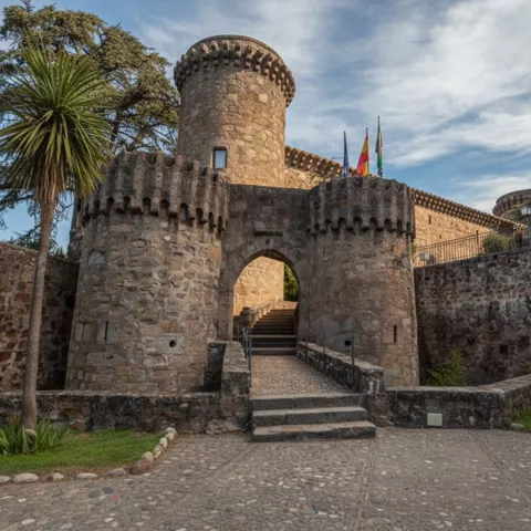 Entrada fortificada de piedra con torres cilíndricas y escalinata.