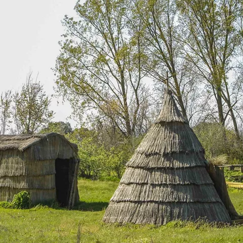 Lago rodeado de vegetación y árboles bajo un cielo despejado.  Cabañas tradicionales de paja en un entorno natural.
