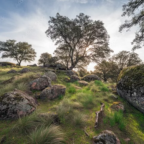 Paisaje de rocas y encinas al atardecer