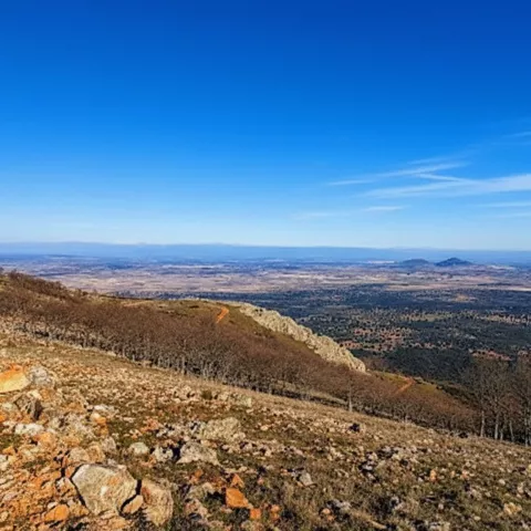Sendero de tierra en ladera rocosa con panorámica extensa bajo cielo azul.