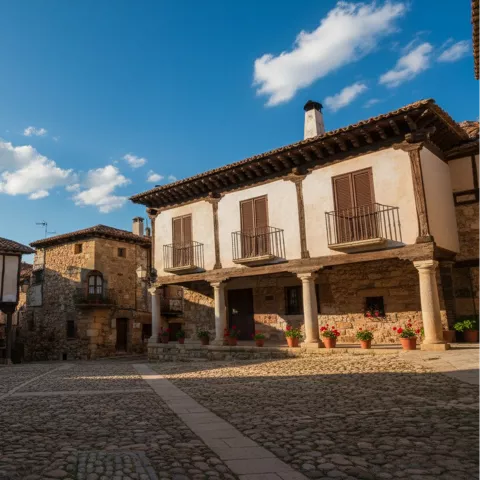 Edificios de piedra y entramado con columnas y macetas en una plaza adoquinada.