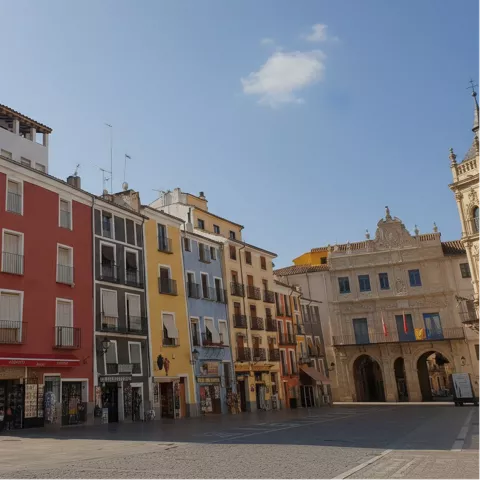 Fachadas coloridas junto a edificio institucional porticado