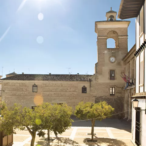 Vista elevada de plaza con arbolado