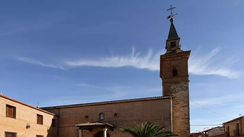 Iglesia de ladrillo con torre alta y palmera en la entrada