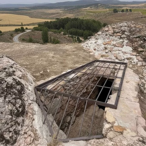 Abertura subterránea protegida con reja metálica.