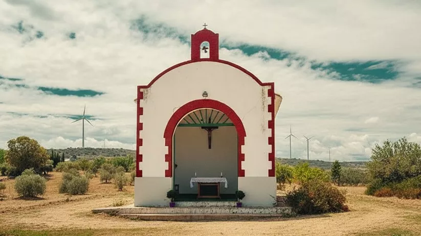 Ermita blanca con detalles rojos en el campo de Pozo Cañada rodeada de olivos.