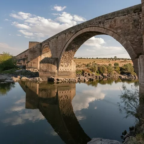 Vista lateral del puente con pilares sobre el agua