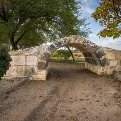 Puente de piedra de un solo arco en entorno ajardinado