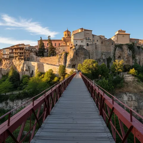 Pasarela roja hacia ciudad histórica en altura