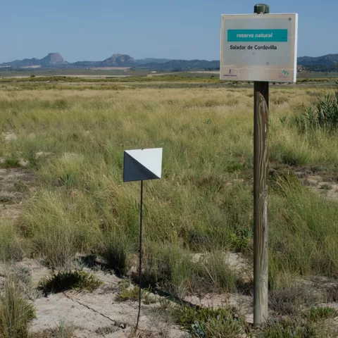 Poste con cartel informativo en un paisaje de pastizal, con montañas al fondo.