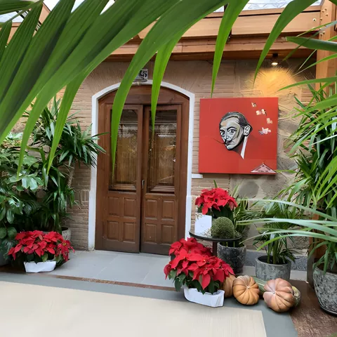 Patio interior con puerta de madera, plantas tropicales y cuadro rojo