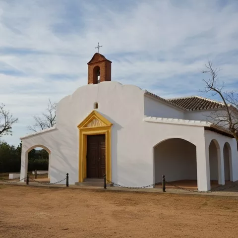 Ermita blanca con soportales y árboles sin hojas