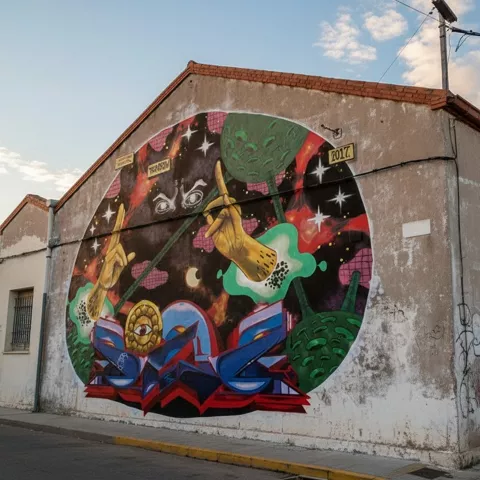 Mural circular con manos y formas abstractas en pared lateral.