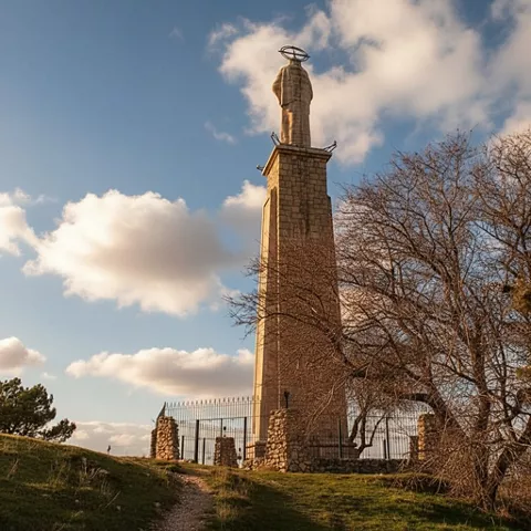 Estatua sobre torre de piedra bajo cielo azul.