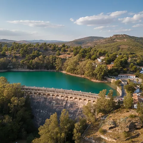 Presa de piedra junto a embalse y laderas arboladas