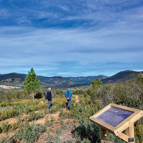 Senderistas caminando por colina con vistas.