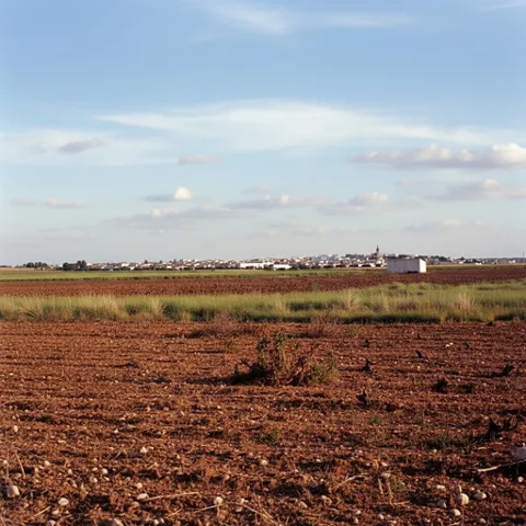 Campos de cultivo con un núcleo urbano en el horizonte