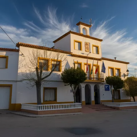 Edificio consistorial con balcones y banderas