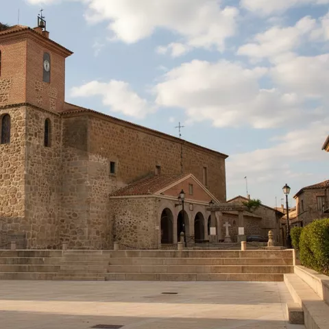 Iglesia de piedra con plaza escalonada y farola