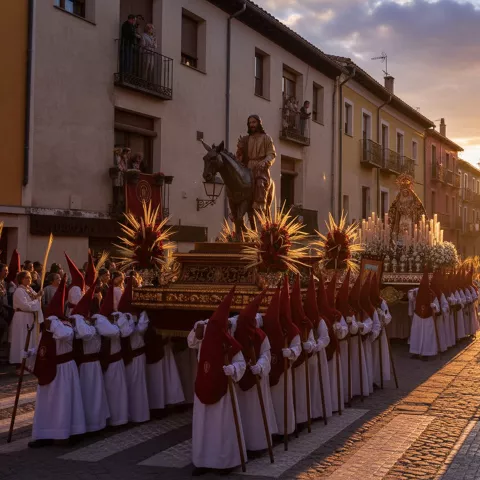 Procesión al atardecer con andas iluminadas