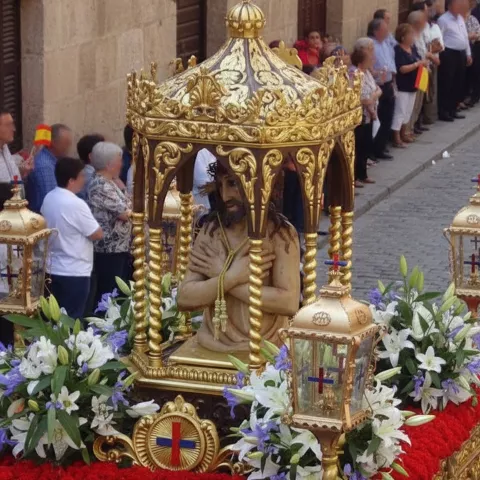 Paso procesional con figura religiosa bajo templete dorado, decorado con flores y faroles, en una calle con público a los lados.