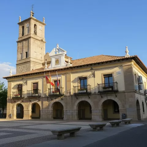 Plaza con edificio porticado y torre