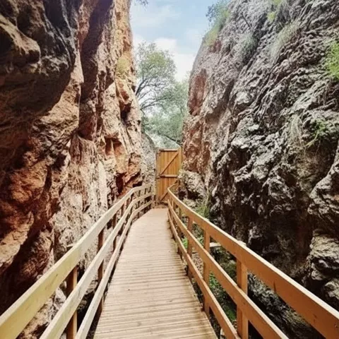 Pasarela de madera entre paredes de roca, en un tramo estrecho del cañón.