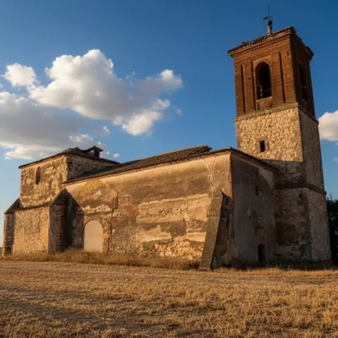 Iglesia de ladrillo junto a plaza vacía