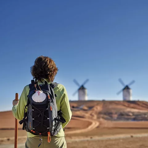 Senderista observando molinos de viento en paisaje abierto de llanura