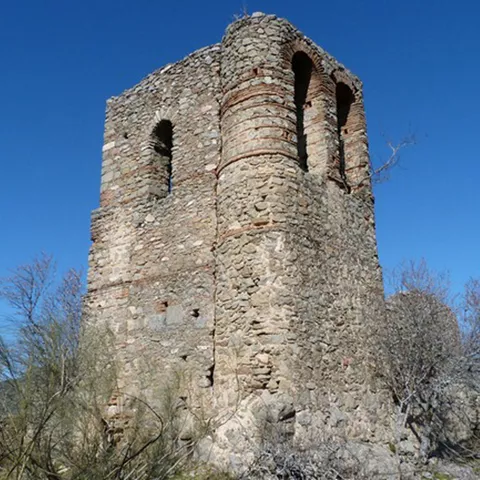 Torre de piedra aislada entre matorrales y terreno natural.