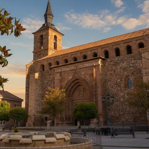Plaza arbolada junto a iglesia de piedra al atardecer